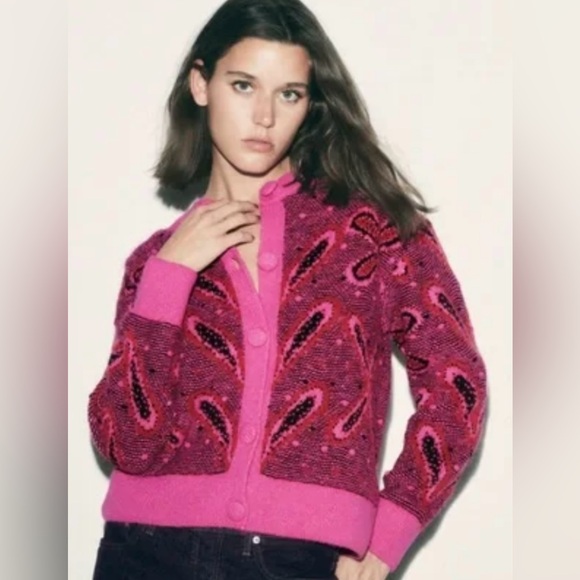 ZARA Pink Jacquard Knit Cardigan with Pompoms Size Large Bloggers Fave 5802/162 - Picture 4 of 14